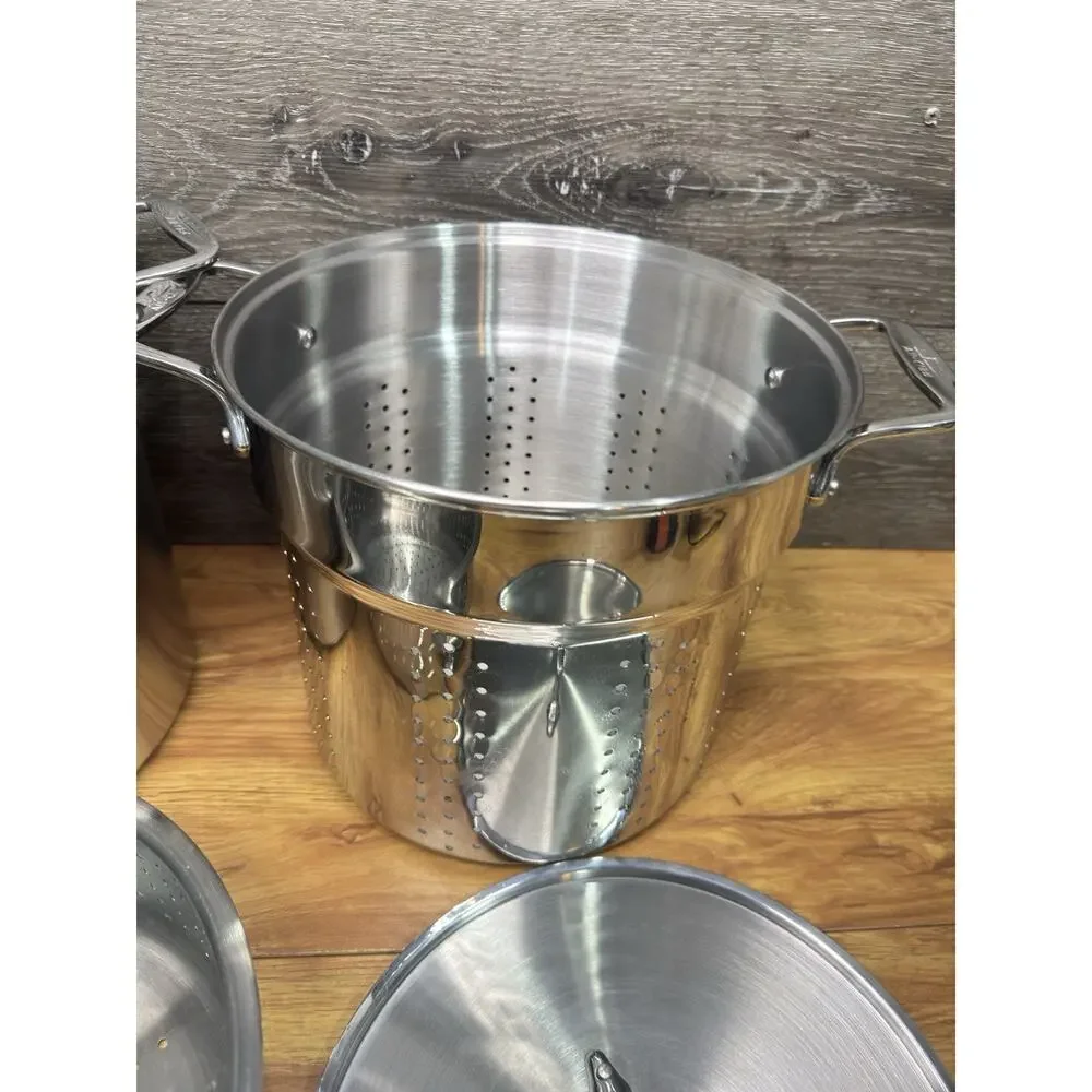 ALL CLAD Stainless Steel 12 Qt Stock Pot Pasta Pentola Strainer Steamer ~4 Pc